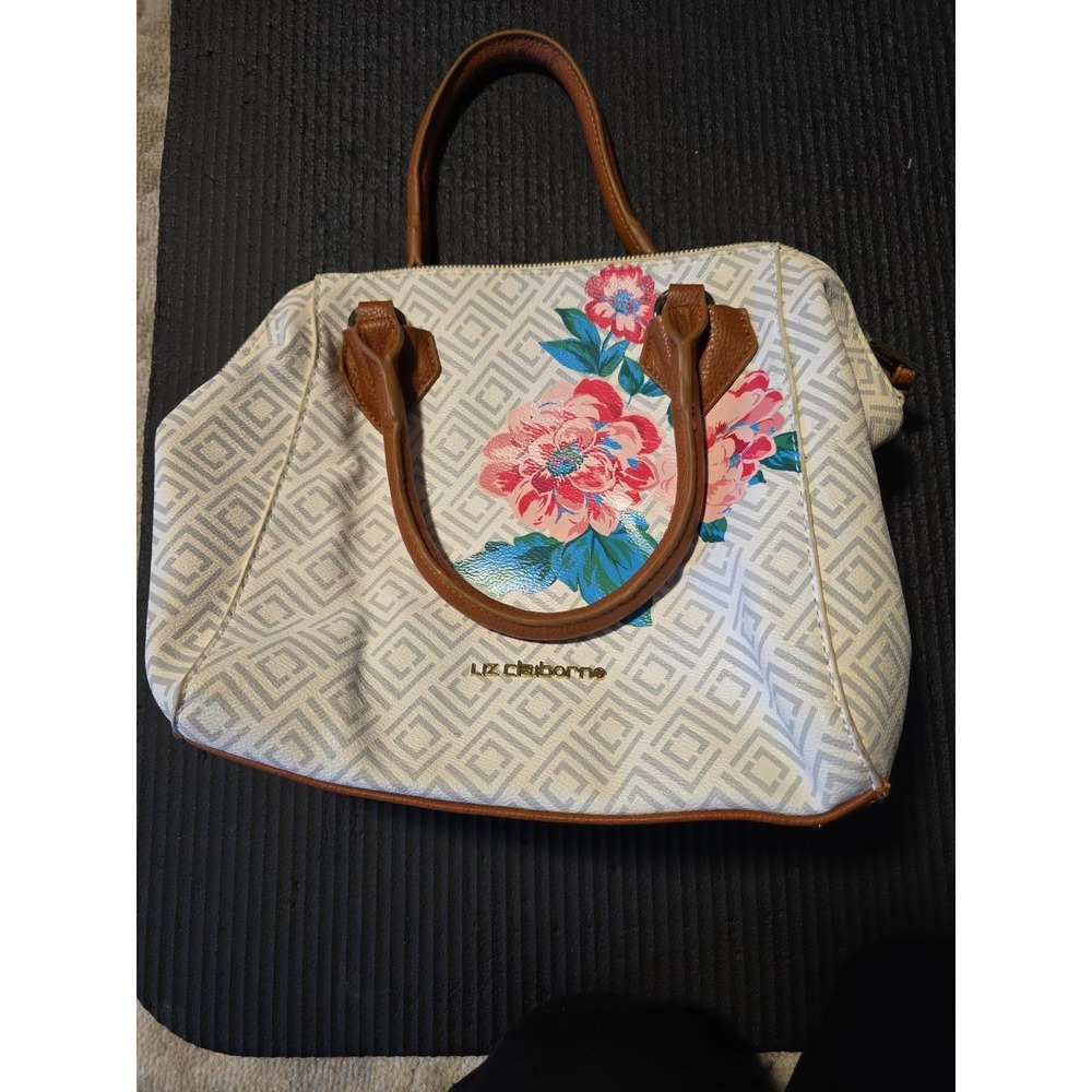 Liz Claiborne Floral Logo Print Dome Satchel Handbag Brown Cream